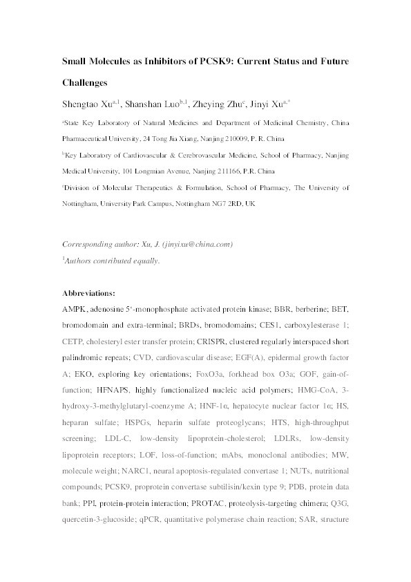 Small molecules as inhibitors of PCSK9: current status and future challenges Thumbnail