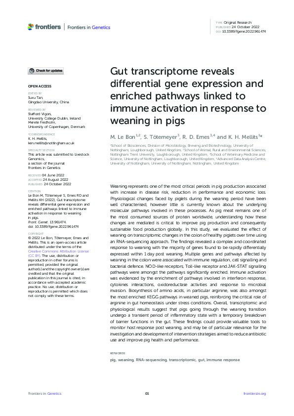 Gut transcriptome reveals differential gene expression and enriched pathways linked to immune activation in response to weaning in pigs Thumbnail