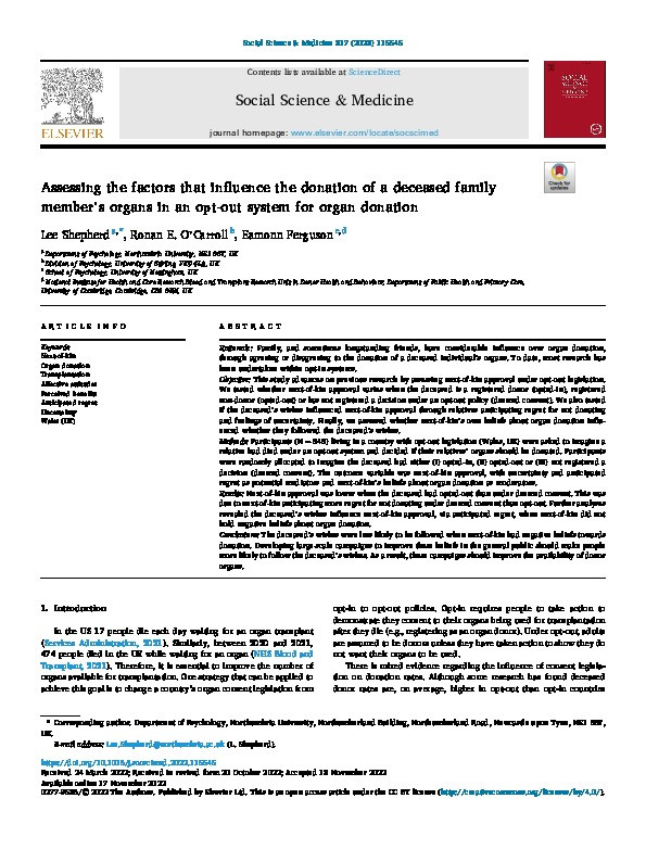 Assessing the factors that influence the donation of a deceased family member's organs in an opt-out system for organ donation Thumbnail