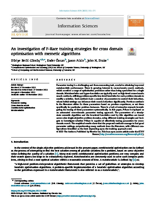 An investigation of F-Race training strategies for cross domain optimisation with memetic algorithms Thumbnail