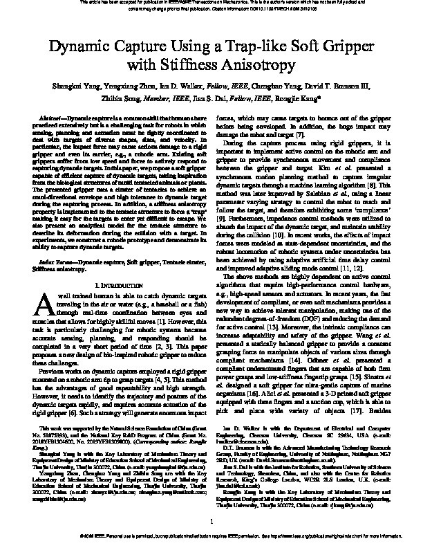 Dynamic Capture Using a Traplike Soft Gripper With Stiffness Anisotropy Thumbnail