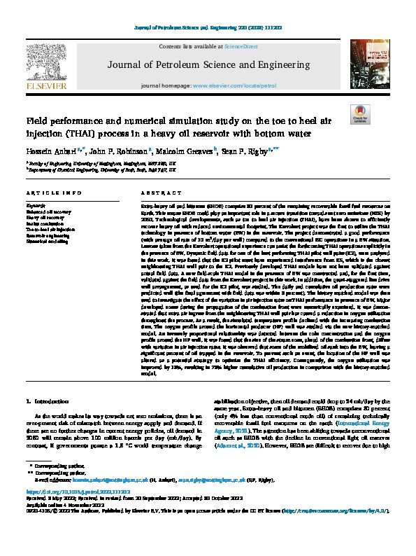 Field performance and numerical simulation study on the toe to heel air injection (THAI) process in a heavy oil reservoir with bottom water Thumbnail