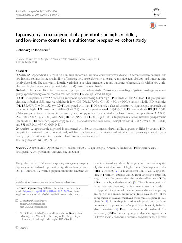 Laparoscopy in management of appendicitis in high-, middle-, and low-income countries: a multicenter, prospective, cohort study Thumbnail