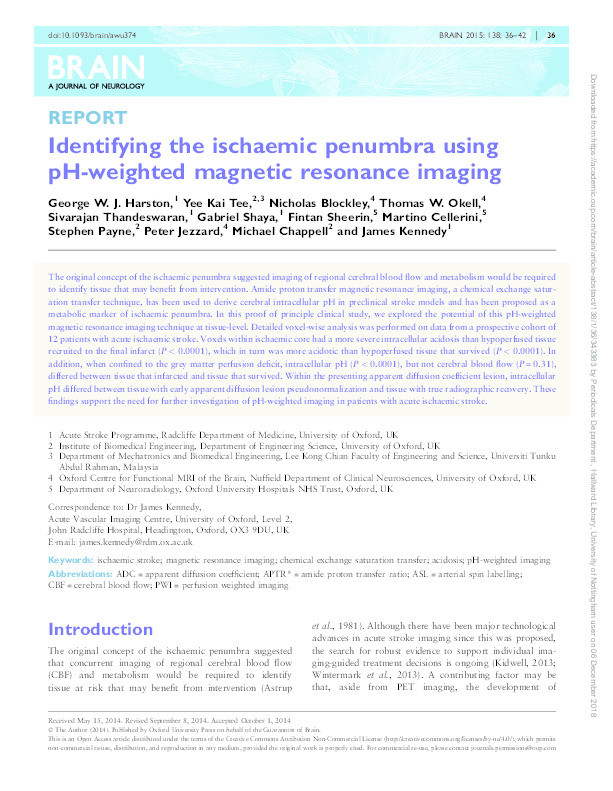 Identifying the ischaemic penumbra using pH-weighted magnetic resonance imaging Thumbnail