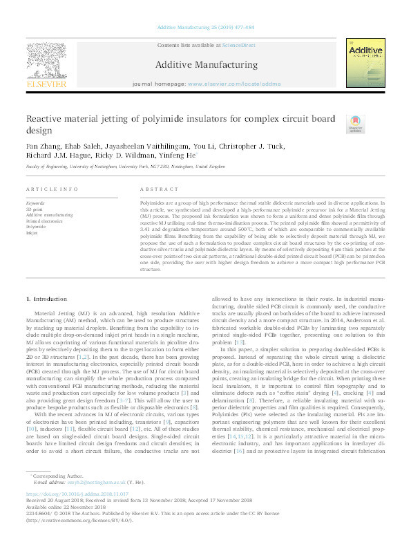 Reactive material jetting of polyimide insulators for complex circuit board design Thumbnail