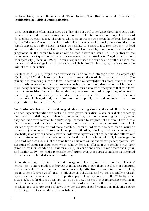 Fact-checking, False Balance and ‘Fake News’: The Discourse and Practice of Verification in Political Communication Thumbnail