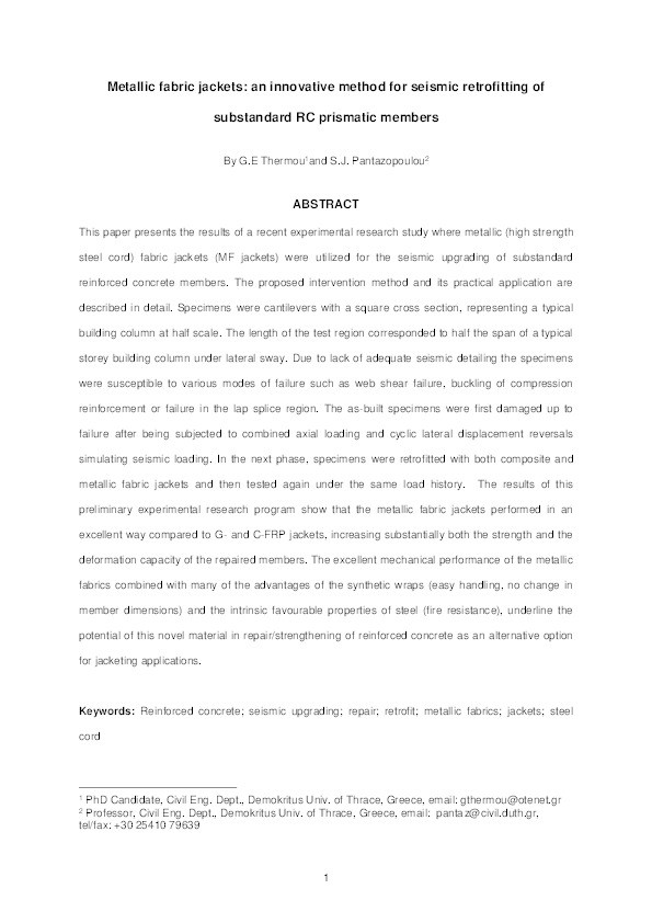 Metallic fabric jackets: an innovative method for seismic retrofitting of substandard RC prismatic members Thumbnail