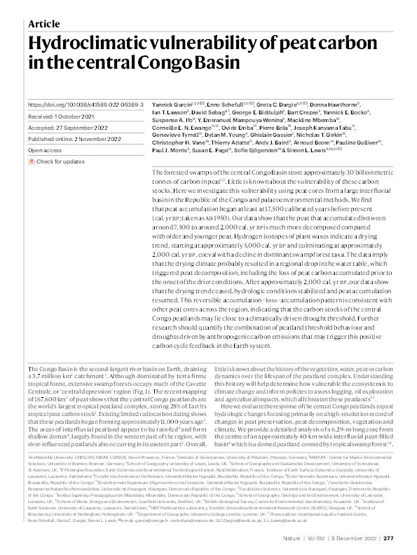 Hydroclimatic vulnerability of peat carbon in the central Congo Basin Thumbnail