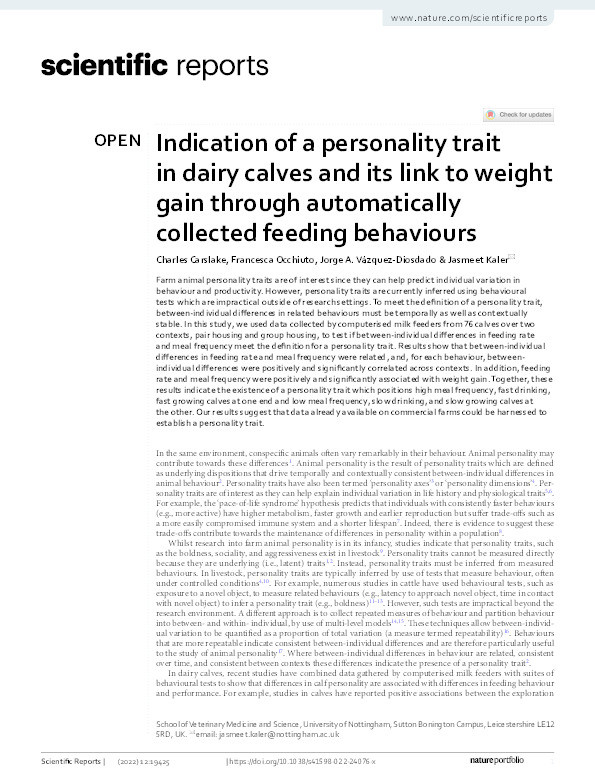 Indication of a personality trait in dairy calves and its link to weight gain through automatically collected feeding behaviours Thumbnail