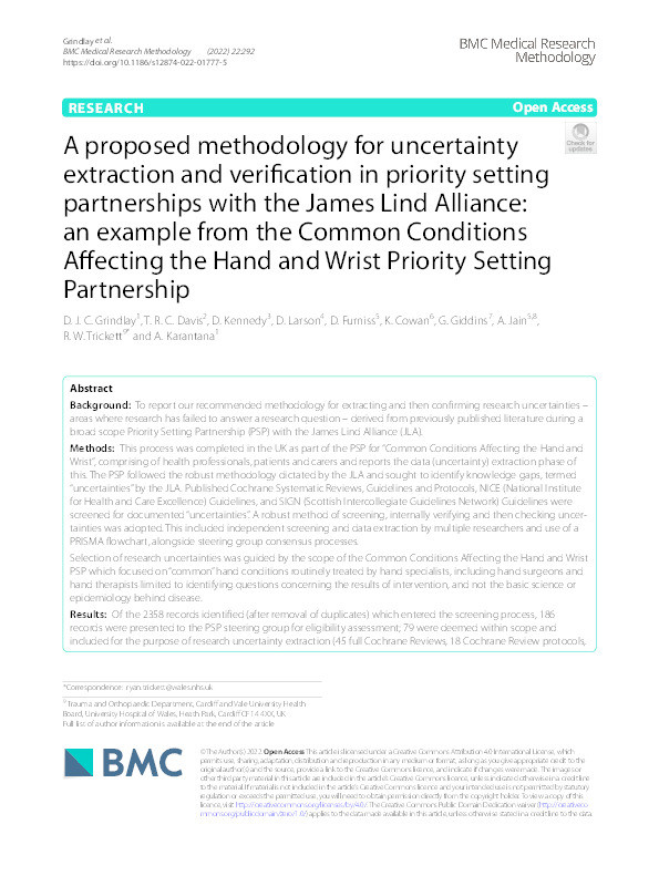 A proposed methodology for uncertainty extraction and verification in priority setting partnerships with the James Lind Alliance: an example from the Common Conditions Affecting the Hand and Wrist Priority Setting Partnership Thumbnail