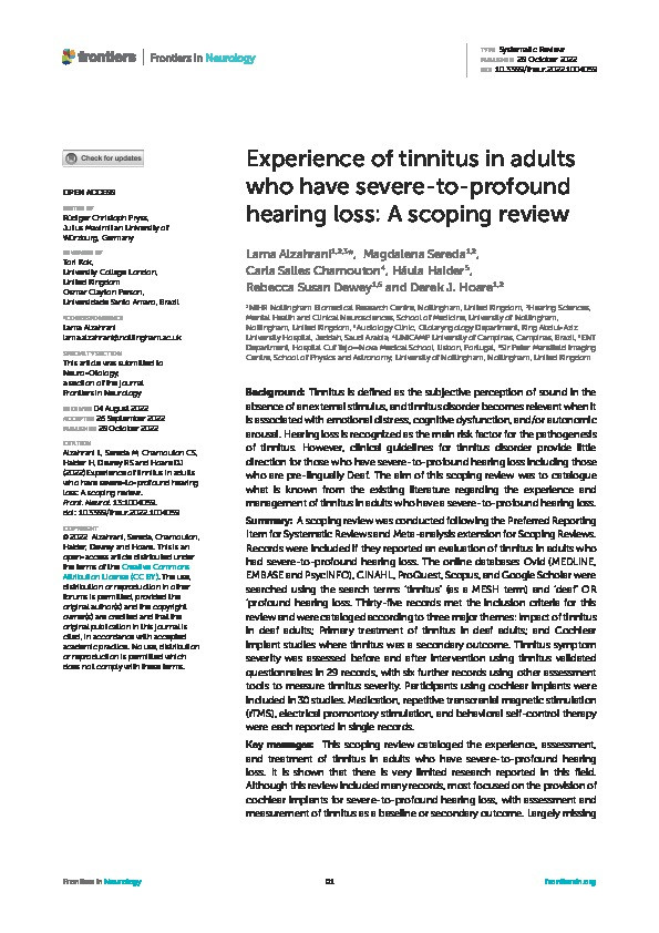 Experience of tinnitus in adults who have severe-to-profound hearing loss: A scoping review Thumbnail