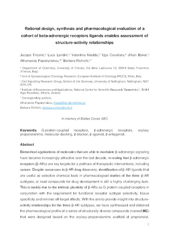 Rational design, synthesis, and pharmacological evaluation of a cohort of novel beta-adrenergic receptors ligands enables an assessment of structure-activity relationships Thumbnail