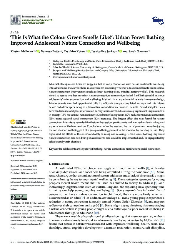 ‘This Is What the Colour Green Smells Like!’: Urban Forest Bathing Improved Adolescent Nature Connection and Wellbeing Thumbnail