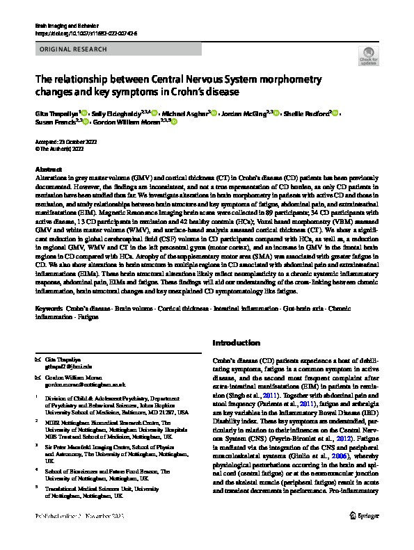 The relationship between Central Nervous System morphometry changes and key symptoms in Crohn’s disease Thumbnail