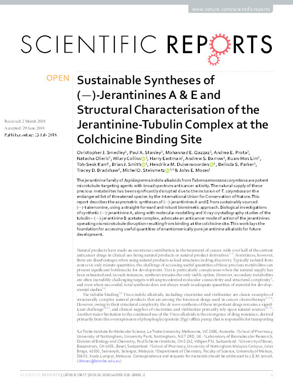 Sustainable Syntheses of (-)-Jerantinines A & e and Structural Characterisation of the Jerantinine-Tubulin Complex at the Colchicine Binding Site Thumbnail