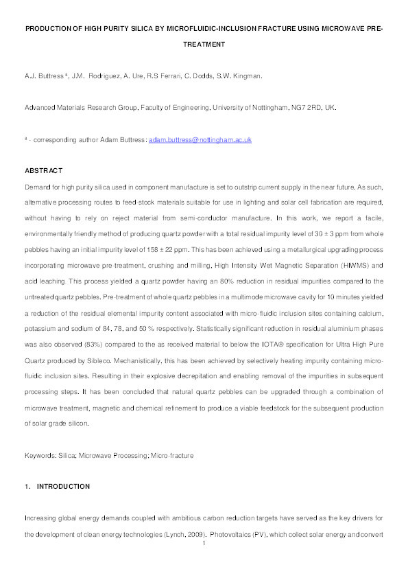 Production of high purity silica by microfluidic-inclusion fracture using microwave pre-treatment Thumbnail