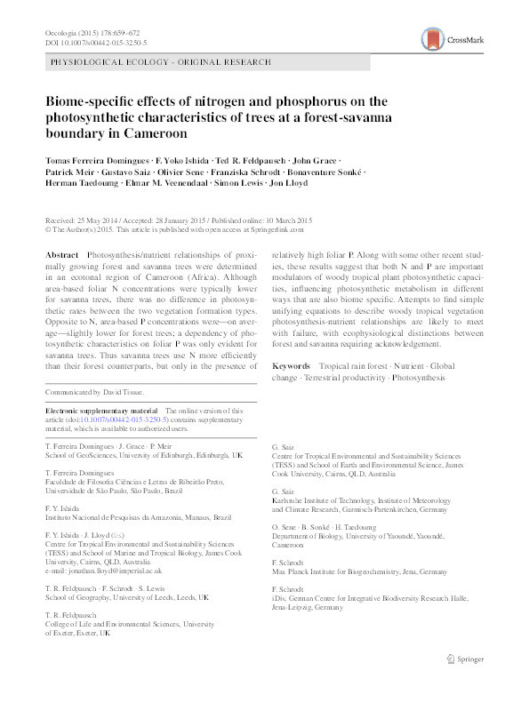 Biome-specific effects of nitrogen and phosphorus on the photosynthetic characteristics of trees at a forest-savanna boundary in Cameroon Thumbnail