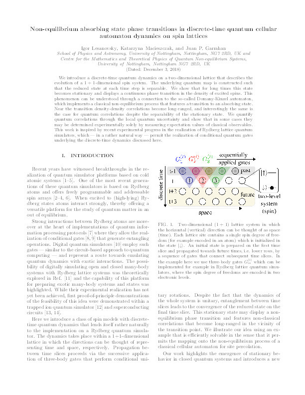 Non-equilibrium absorbing state phase transitions in discrete-time quantum cellular automaton dynamics on spin lattices Thumbnail