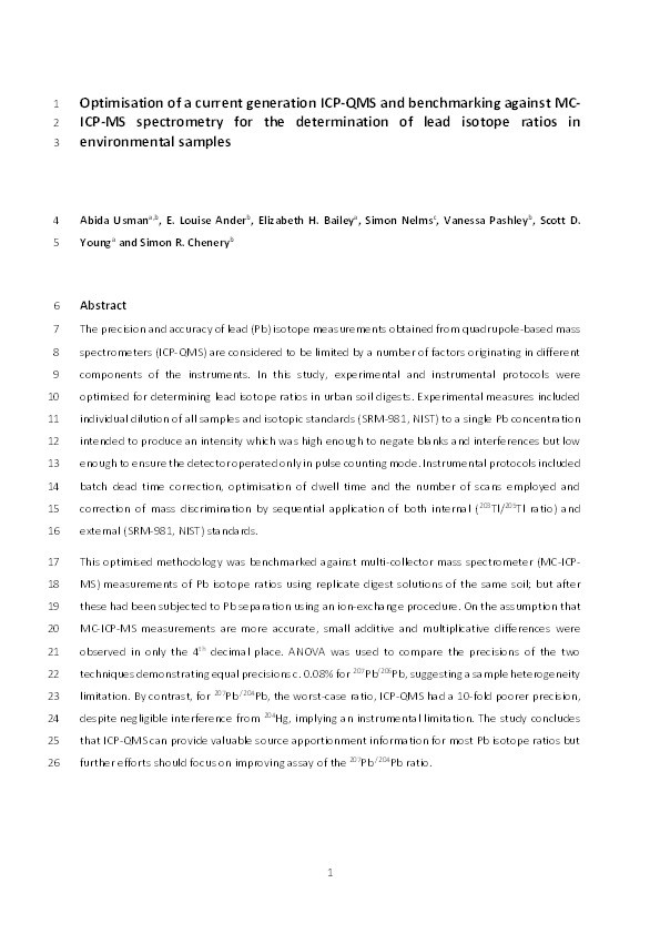 Optimisation of a current generation ICP-QMS and benchmarking against MC-ICP-MS spectrometry for the determination of lead isotope ratios in environmental samples Thumbnail