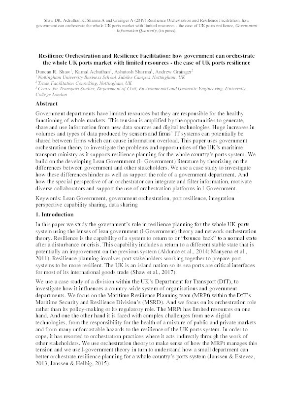 Resilience orchestration and resilience facilitation: how government can orchestrate the whole UK ports market with limited resources: the case of UK ports resilience Thumbnail