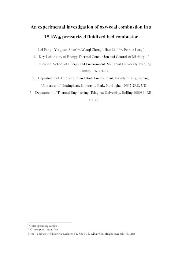 An experimental investigation of oxy-coal combustion in a 15 kWth pressurized fluidized bed combustor Thumbnail