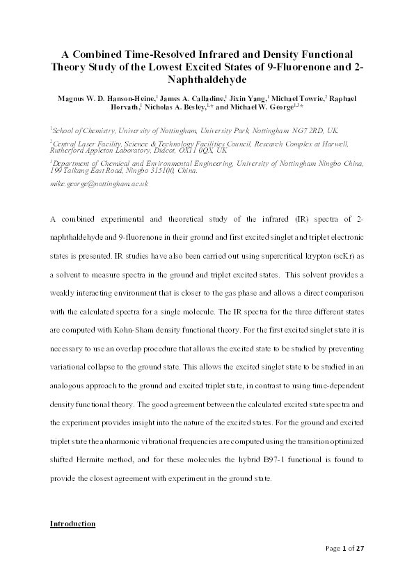 A combined time-resolved infrared and density functional theory study of the lowest excited states of 9-fluorenone and 2-naphthaldehyde Thumbnail