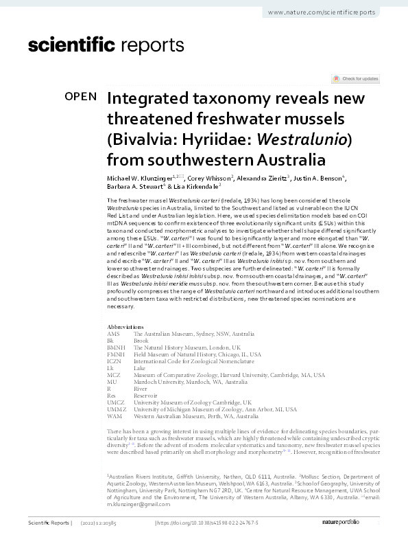 Integrated taxonomy reveals new threatened freshwater mussels (Bivalvia: Hyriidae: Westralunio) from southwestern Australia Thumbnail