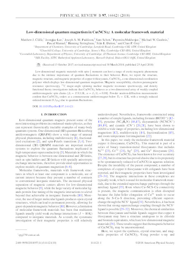 Low-dimensional quantum magnetism in Cu(NCS)2: a molecular framework material Thumbnail