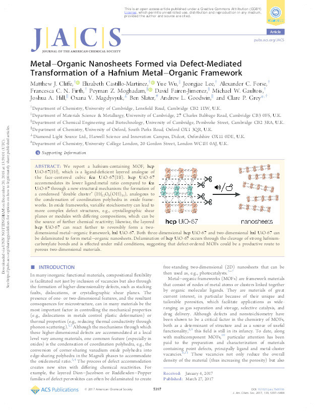 Metal–organic nanosheets formed via defect-mediated transformation of a hafnium metal–organic framework Thumbnail