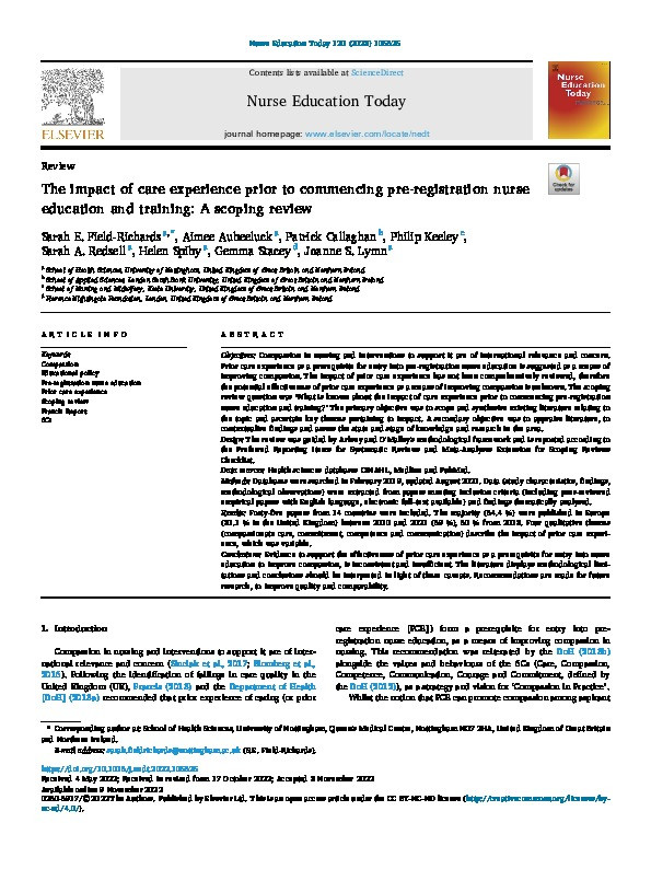 The impact of care experience prior to commencing pre-registration nurse education and training: A scoping review Thumbnail