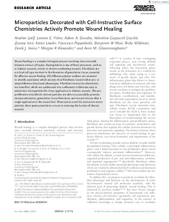 Microparticles Decorated with Cell‐Instructive Surface Chemistries Actively Promote Wound Healing Thumbnail