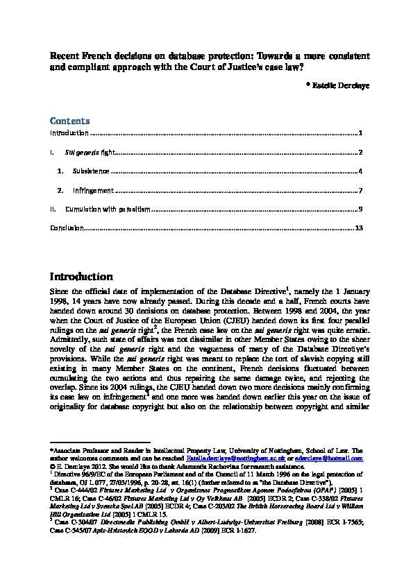 Recent French decisions on database protection: Towards a more consistent and compliant approach with the Court of Justice's case law? Thumbnail