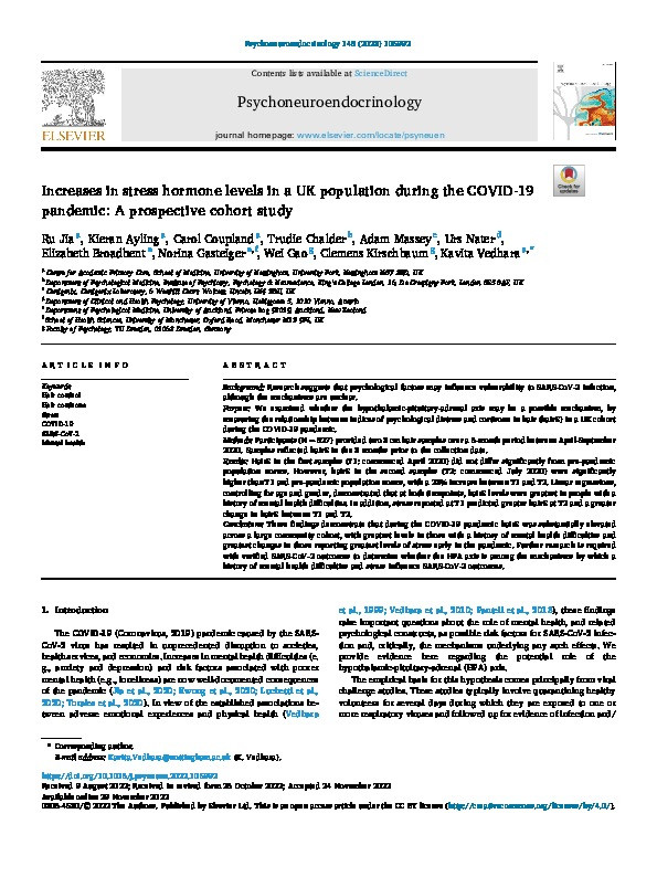 Increases in stress hormone levels in a UK population during the COVID-19 pandemic: A prospective cohort study Thumbnail