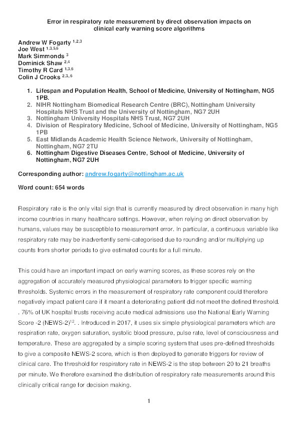 Error in respiratory rate measurement by direct observation impacts on clinical early warning score algorithms Thumbnail