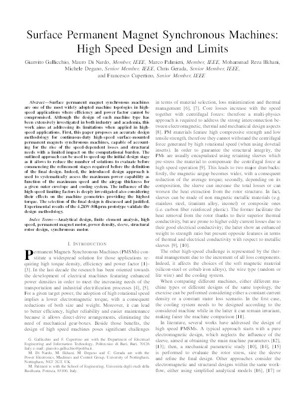 Surface Permanent Magnet Synchronous Machines: High Speed Design and Limits Thumbnail