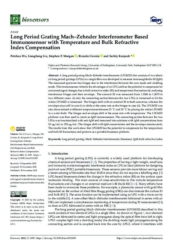 Long Period Grating Mach–Zehnder Interferometer Based Immunosensor with Temperature and Bulk Refractive Index Compensation Thumbnail