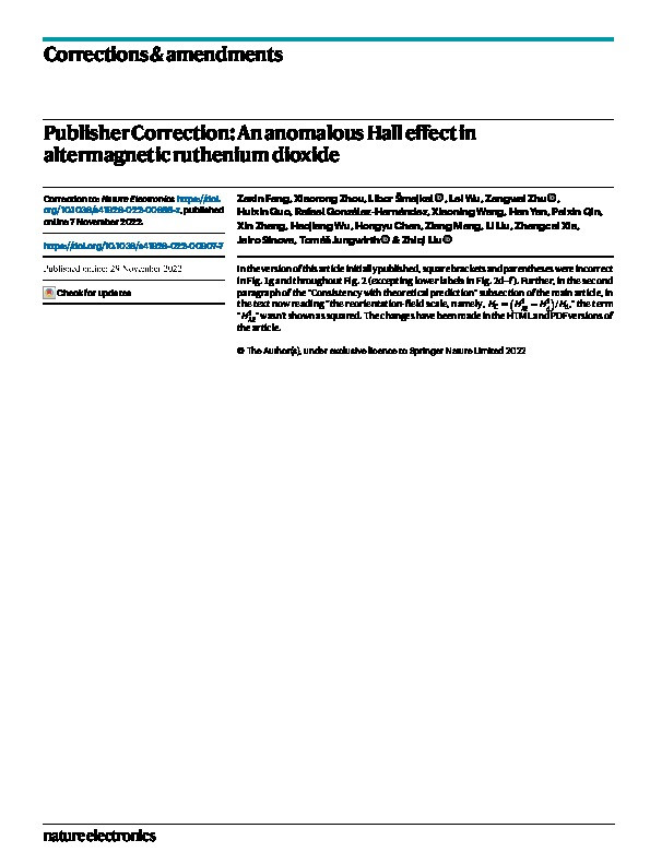 Publisher Correction: An anomalous Hall effect in altermagnetic ruthenium dioxide Thumbnail
