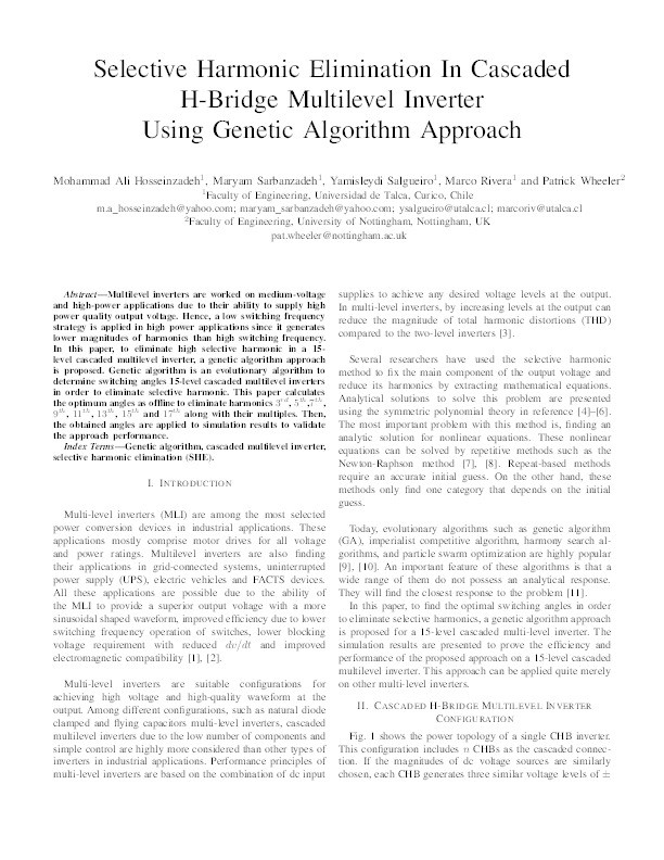 Selective harmonic elimination in cascaded H-bridge multilevel inverter using genetic algorithm approach Thumbnail