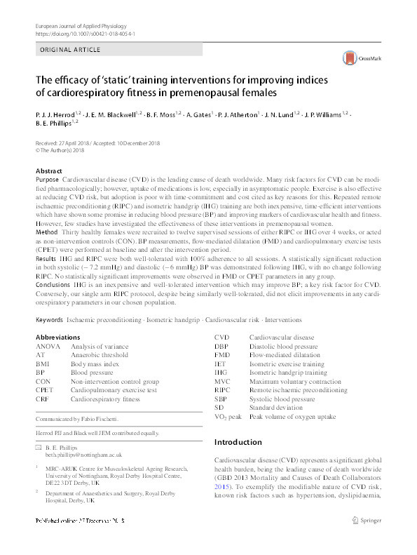 The efficacy of ‘static’ training interventions for improving indices of cardiorespiratory fitness in premenopausal females Thumbnail