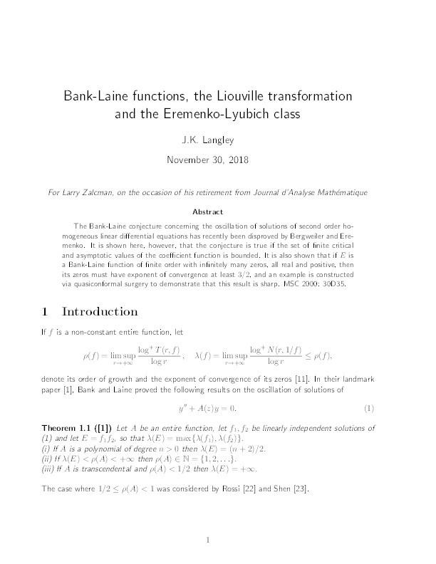 Bank–Laine functions, the Liouville transformation and the Eremenko–Lyubich class Thumbnail