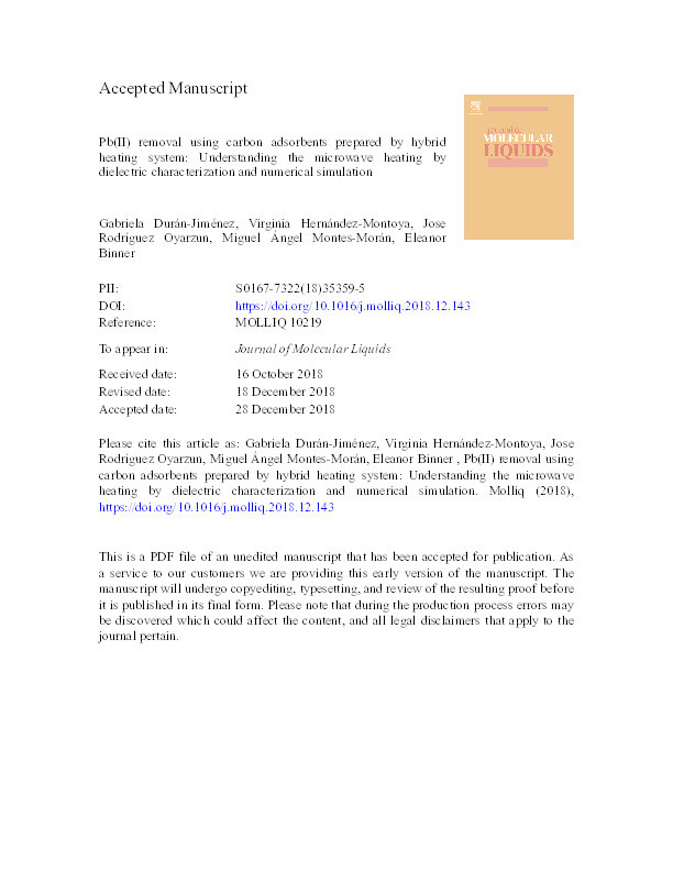 Pb(II) removal using carbon adsorbents prepared by hybrid heating system: Understanding the microwave heating by dielectric characterization and numerical simulation Thumbnail