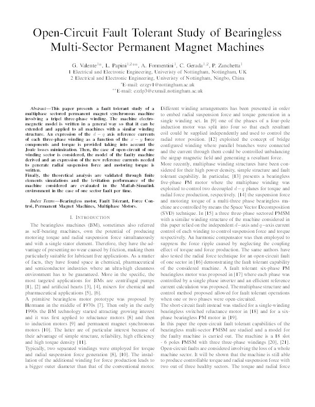 Open-circuit fault tolerant study of bearingless multi-sector permanent magnet machines Thumbnail