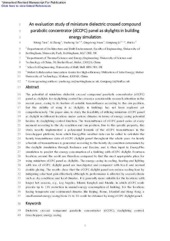 An evaluation study of miniature dielectric crossed compound parabolic concentrator (dCCPC) panel as skylights in building energy simulation Thumbnail