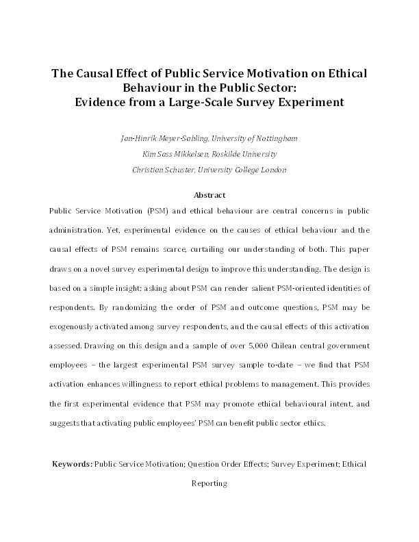 The Causal Effect of Public Service Motivation on Ethical Behavior in the Public Sector: Evidence from a Large-Scale Survey Experiment Thumbnail