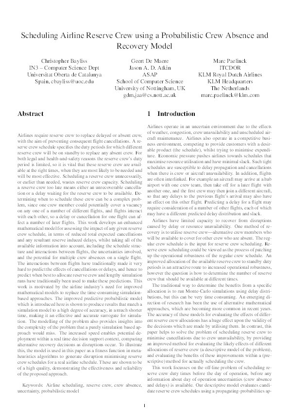 Scheduling airline reserve crew using a probabilistic crew absence and recovery model Thumbnail