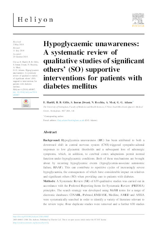 Hypoglycaemic unawareness: A systematic review of qualitative studies of significant others' (SO) supportive interventions for patients with diabetes mellitus Thumbnail