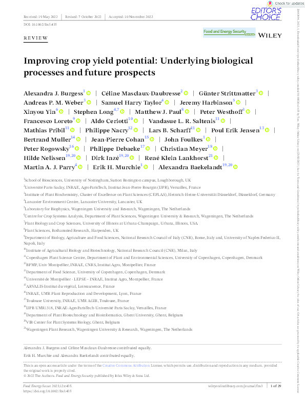 Improving crop yield potential: Underlying biological processes and future prospects Thumbnail