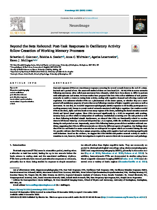 Beyond the Beta Rebound: Post-Task Responses in Oscillatory Activity follow Cessation of Working Memory Processes Thumbnail