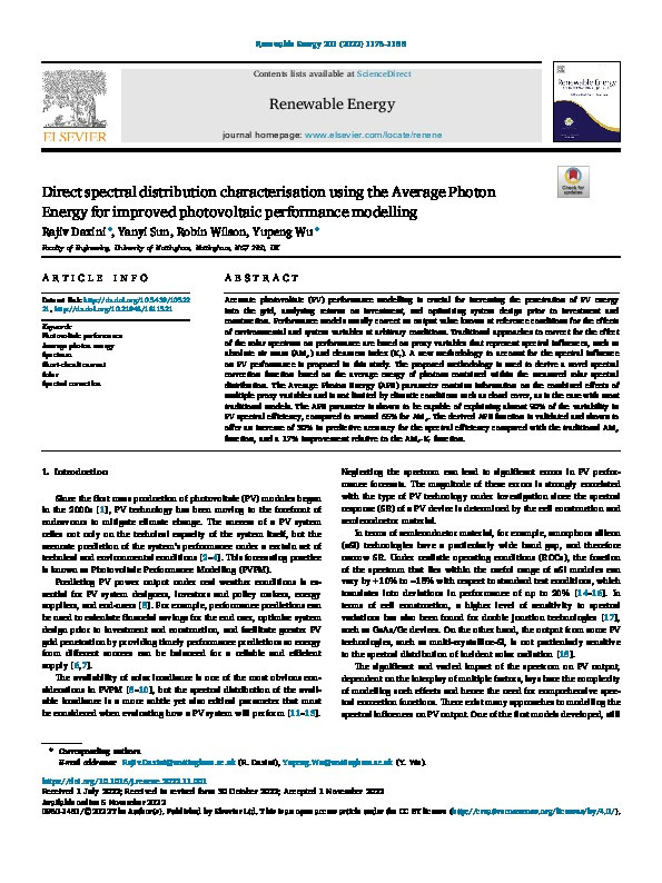 Direct spectral distribution characterisation using the Average Photon Energy for improved photovoltaic performance modelling Thumbnail