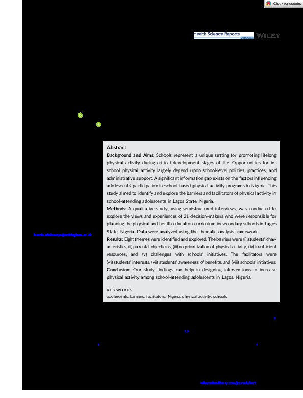 Barriers and facilitators of physical activity among school attending adolescents in Lagos State, Nigeria: A qualitative study exploring views and experiences of decision-makers in secondary schools Thumbnail